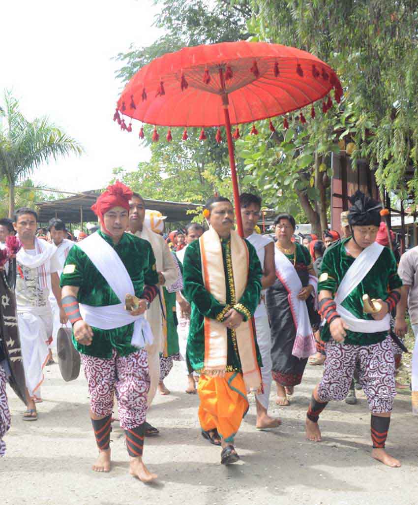 Titular king of Manipur, Leishemba Sanajaoba, now Rajya Sabha MP, during a ceremonial march.