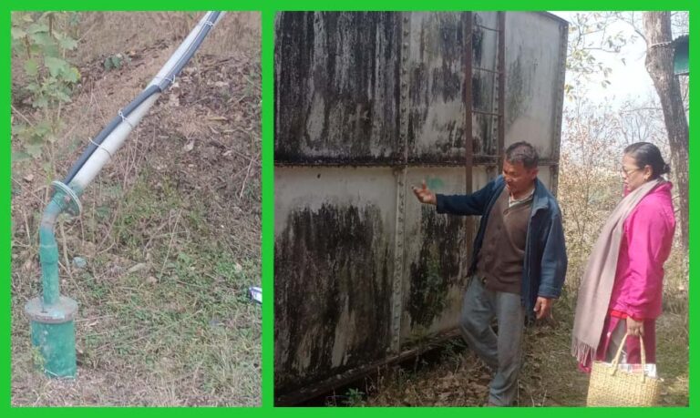 Water hose from tube well which leads to an artificial reservoir (left) and (right) the author with a villager at the old steel water reservoir shared by Sambei and Chingkhu villages.